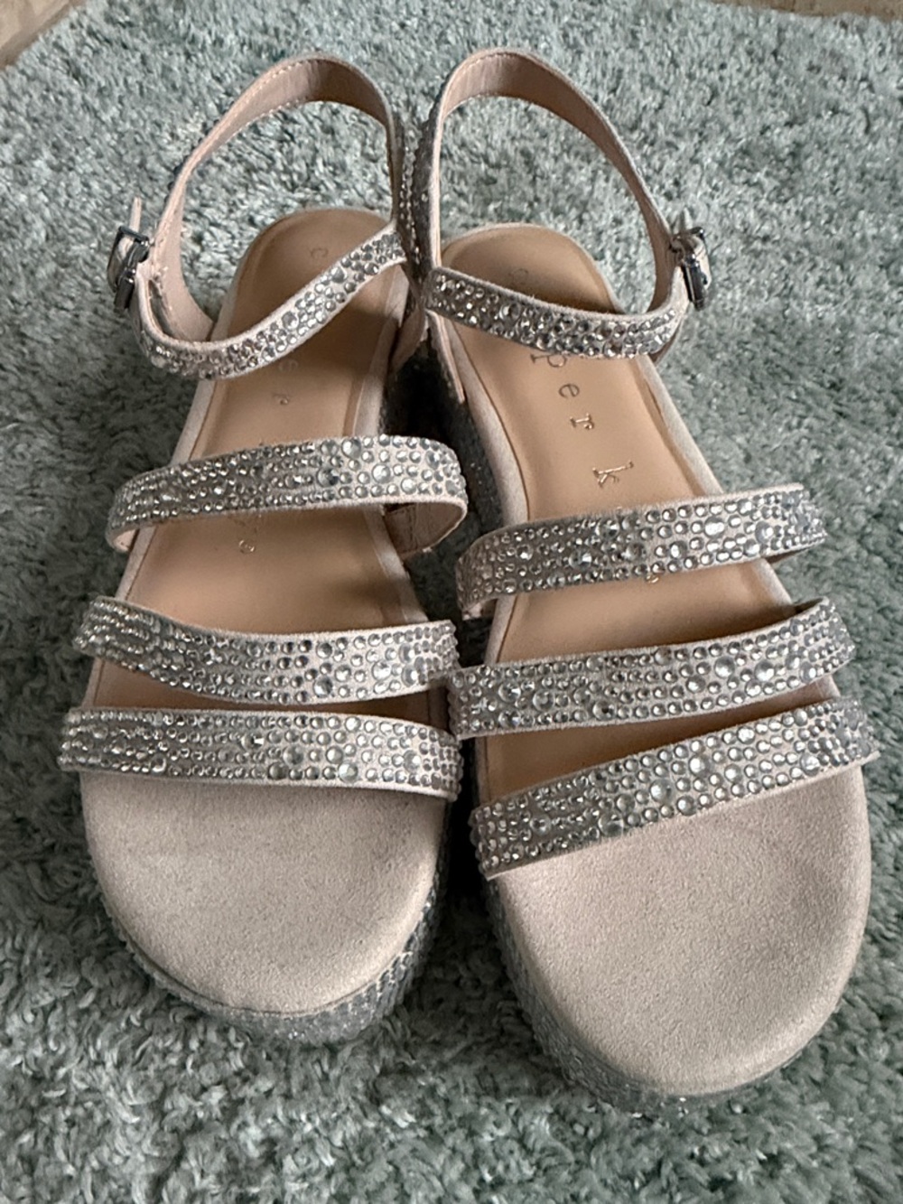 Copper Key Silver-Beige Crystal Strap Sandals
